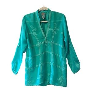 JOHNNY WAS Aqua/Turquoise tonal Embroidered Tunic, size SMALL